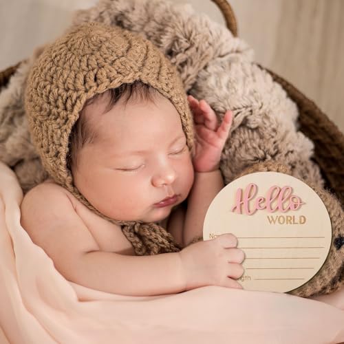 Wooden Hello World Baby Announcement Sign - Newborn Birth Name Plaque