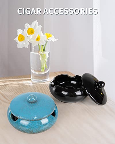 Ceramic Windproof Ashtray with Lid - Blue 4.5-inch Outdoor Cigar Ash Tray