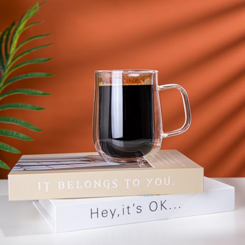 COMOME 16 oz Double Walled Borosilicate Glass Coffee Mugs Set of 2 with Spoons - Insulated Hot Beverage Cups
