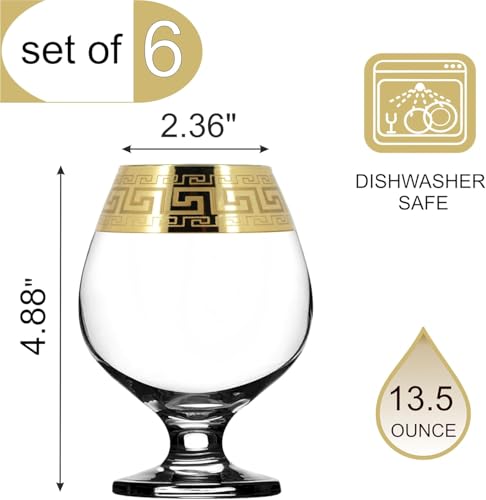 Gold Rimmed Brandy Snifter Glass Set 6-Piece Greek Key Pattern Drinkware