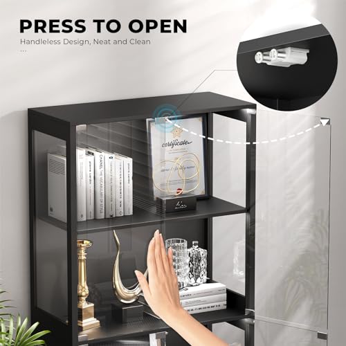 4-Tier Glass Display Cabinet with 3-Color LED Lights, Black Curio Case