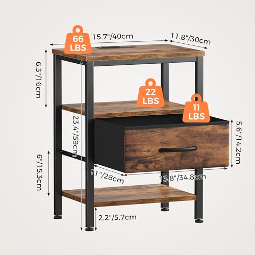 3-Tier Nightstand with Charging Station, Bedside Table with Fabric Drawer