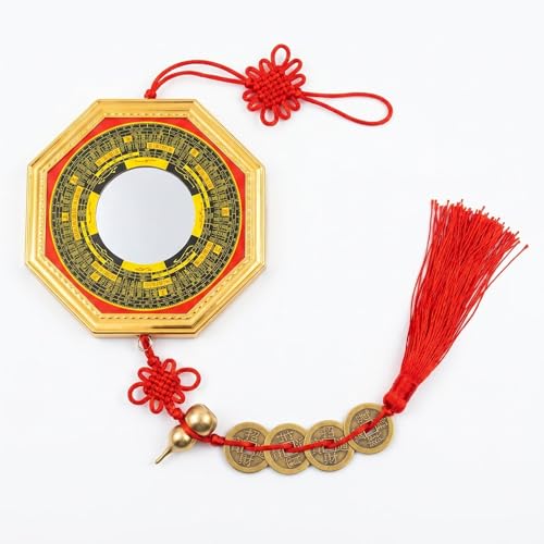 Feng Shui Bagua Mirror Set with Five Emperor Coins & Brass Wu Lou - Outdoor Home Protection & Wealth