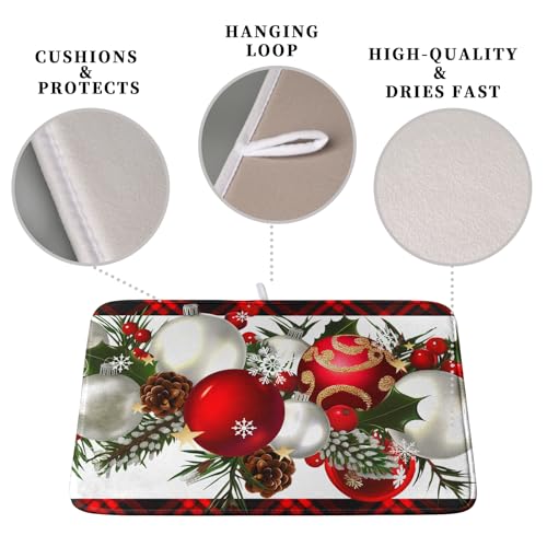 Christmas Buffalo Plaid Dish Drying Mat - Reversible Microfiber 18x24in - Holiday Kitchen Counter Decor