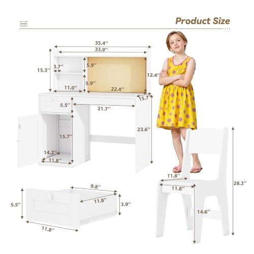 Kids Study Desk and Chair Set with Storage Hutch for Ages 5-12