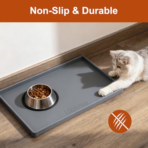 Waterproof Silicone Pet Feeding Mat with Raised Edges, 19" x 12" (Gray)