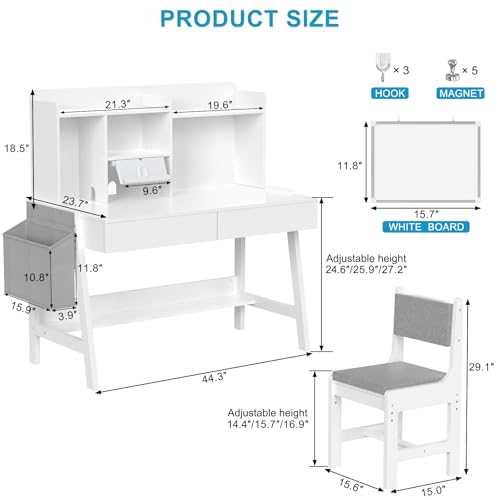 Height Adjustable Kids Study Desk and Padded Chair Set with Storage