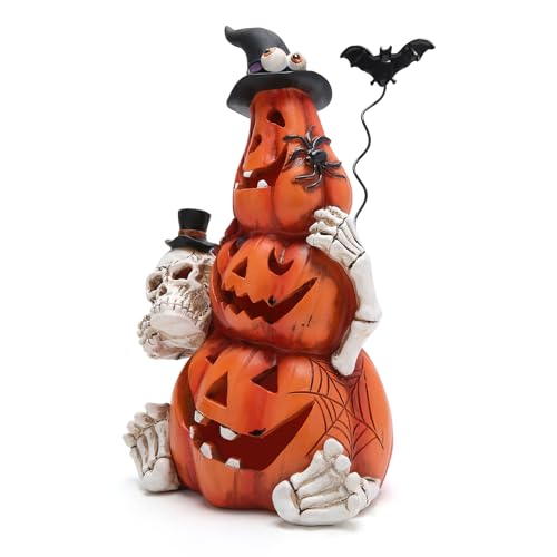 8.25-Inch Lighted Halloween Pumpkin Statue Resin Tabletop Decor