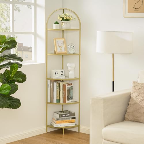 5-Tier Gold Corner Shelf, Modern Metal and Glass Storage Display Stand