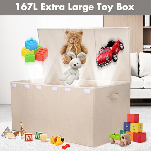 Extra Large 167L Toy Chest with Lid and Removable Divider, Linen Beige