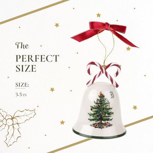 Earthenware Christmas Candy Cane Bell Ornament with Red Ribbon, 3.5 Inch