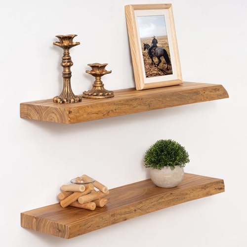 24-Inch Live Edge Floating Shelves - Rustic Reclaimed Elm Wall Shelves (2-Pack)
