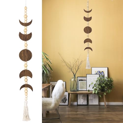 Moon Phase Wall Hanging Garland with Tassels - Boho Wooden Home Decor