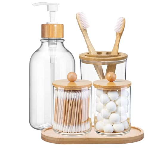 5-Piece Bamboo Bathroom Accessories Set with Tray and Soap Dispenser