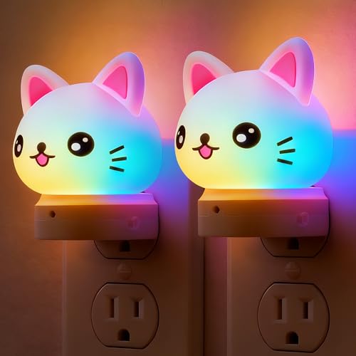 L LOHAS LED Plug-in Night Light for Kids - 2-Pack Cat RGB 3D Night Lights