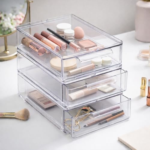 Small 3 Pack Clear Stackable Storage Drawers with Handles - Modular Plastic Organizer