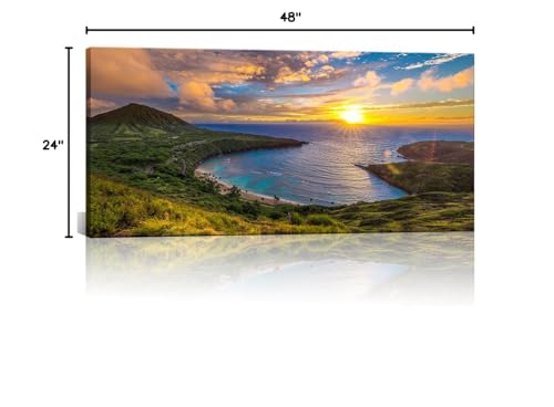 Large Canvas Wall Decorations Sunrise From Hanauma Bay On Oahu, Hawaii Landscape Printed Paintings For Living Room Framed Ready To Hang 24"X48"