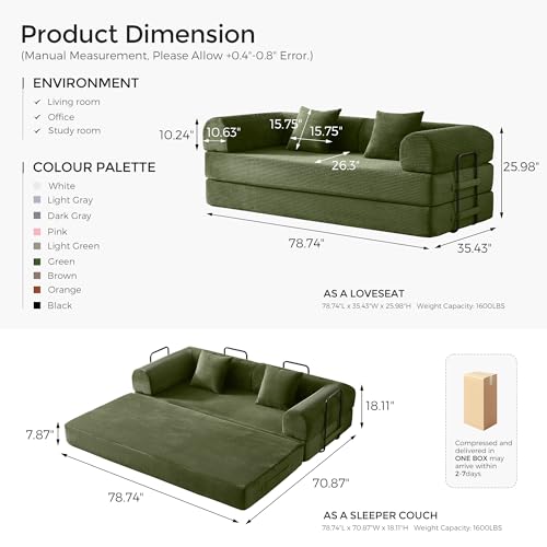 SAVENICA 79-Inch Olive Green Convertible Futon Sofa Bed - 5-in-1 Modular Couch for Living Room