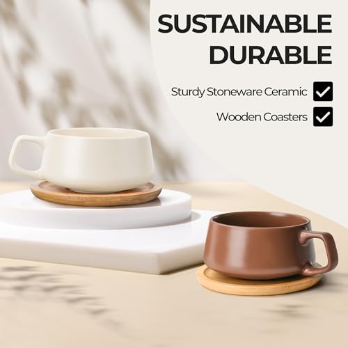 MIAMIO Cappuccino Cup Set of 4 Beige Pastel Ceramic 9.5oz Coffee Mugs with Wooden Coasters