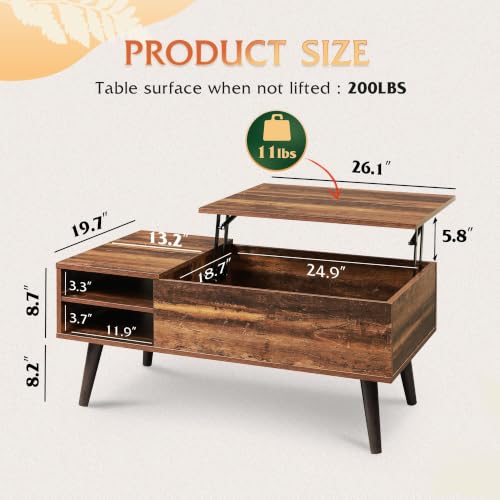 Lift Top Coffee Table with Hidden Storage and Adjustable Shelf, Brown