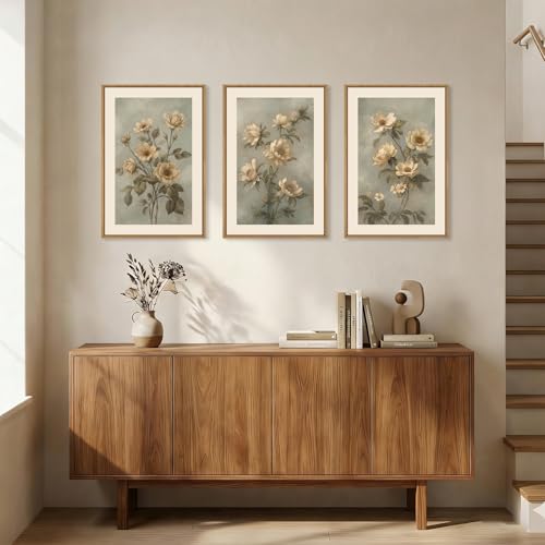 Vintage Botanical Flower Framed Canvas Wall Art, 3-Piece Floral Triptych