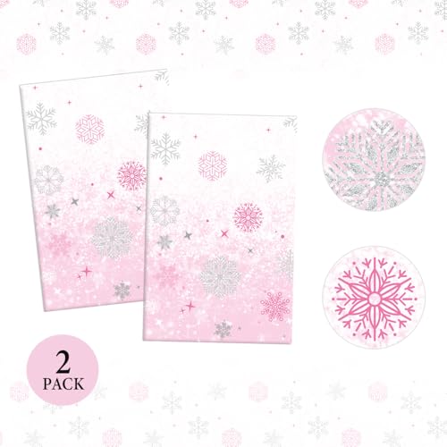 Pink Snowflake Plastic Tablecloth 54x108 Inch Winter Wonderland Party Decor - 2 Pack