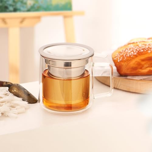 CNGLASS 12oz Double Walled Borosilicate Glass Tea Cup with Steel Infuser & Lid - Set of 1