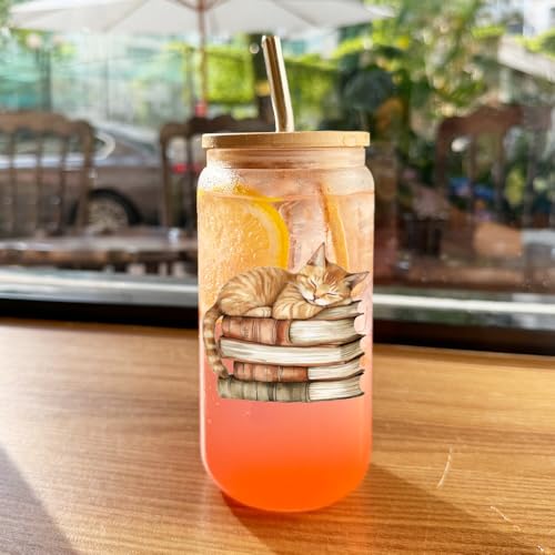 Niyorayna 16oz Glass Drinking Cup with Lid & Straw - Cute Cat Bookish Gift for Women, Mom, Sister, Book Lovers