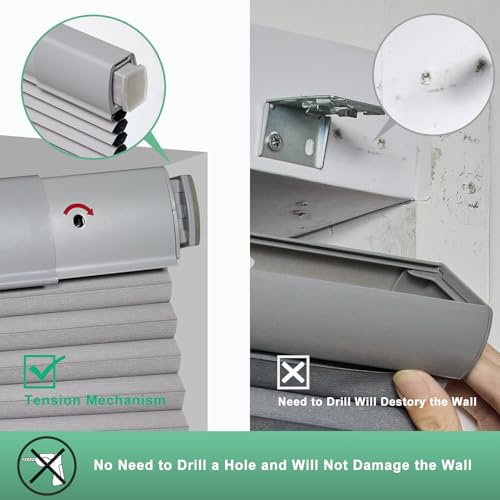 No Drill Cordless Honeycomb Shades, Thermal Insulating, Grey 22" W x 64" H