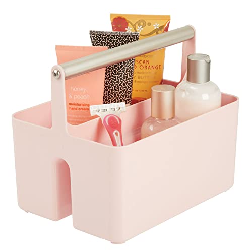 mDesign Under Sink Storage ? Plastic and Metal Bathroom Caddy for Shampoo and Soaps ? Portable Cosmetics Storage Organiser ? Blush/Satin