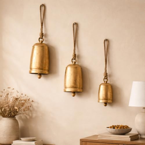 Rustic Gold Metal Cow Bells Set of 3 - Hanging Wall Decor with Jute Rope
