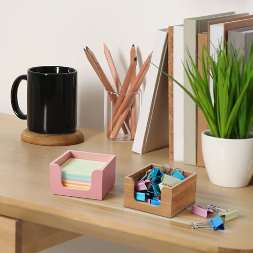 Wooden Sticky Note Holder 3x3 Inch Pink Desk Dispenser Organizer