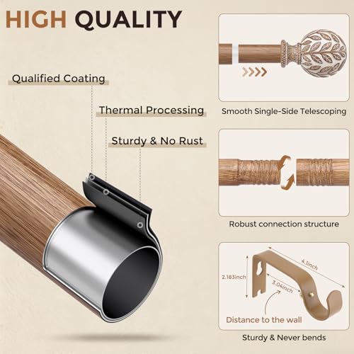 Boho Rustic Curtain Rod 36-91 Inch - Heavy Duty 1 Inch Rod with Leaf Finials