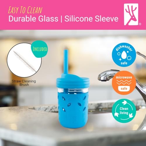 Kids Glass Mason Jar Cups with Silicone Sleeves and Straws, 4 Pack, 8oz