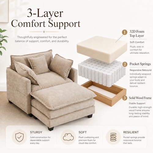 41-Inch Oversized Reading Chair with Ottoman, Chenille Deep Seat Armchair