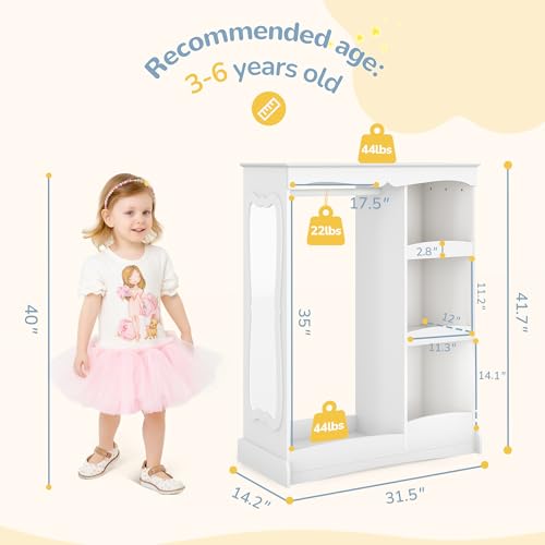 Kids Dress Up Storage Wardrobe with Flower Mirror and Hanging Rail
