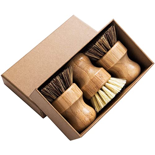 Natural Bamboo Palm Scrub Brush 3-Pack - Round Pot & Dish Scrubber Kit