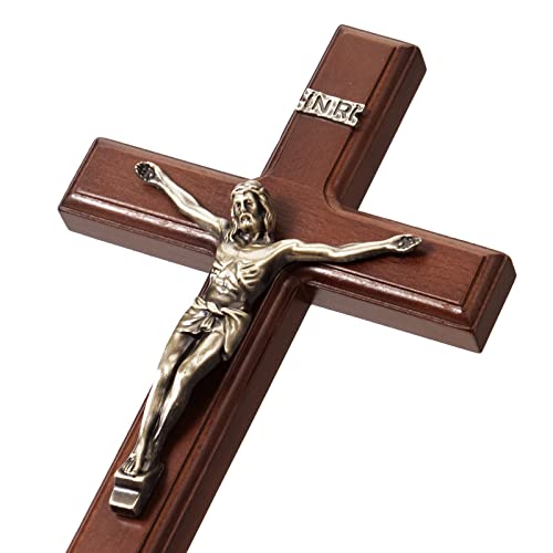 12-Inch Wooden Crucifix Wall Cross with Antique Brass Jesus Corpus