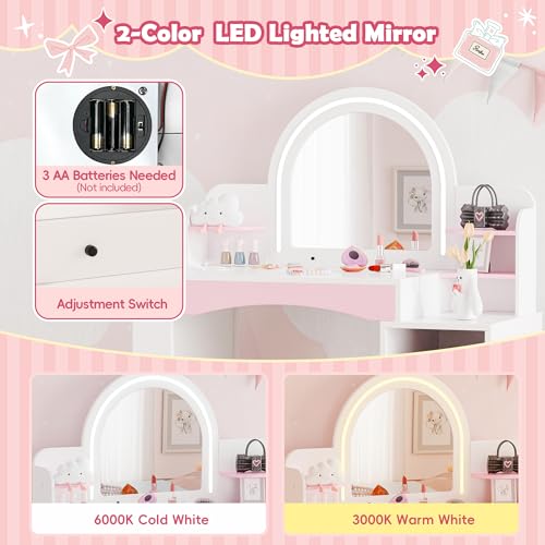 Kids Vanity Table and Chair Set with LED Lighted Mirror and Storage