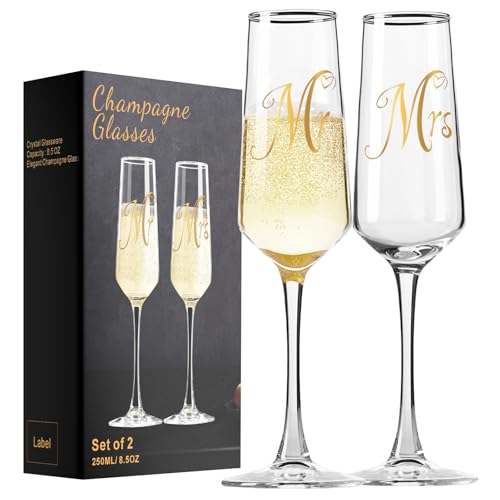Mr and Mrs Champagne Flutes Set of 2 - Tall Hand-Blown Crystal Glassware