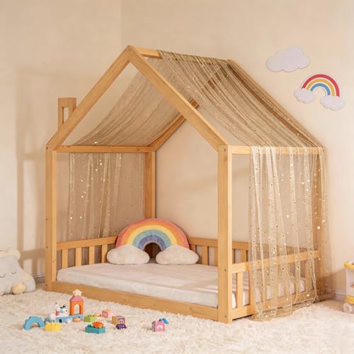 Sheer Star and Moon Canopy Bed Curtains for Kids Montessori and Twin Beds