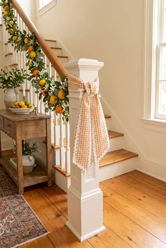 Orange Gingham Wreath Sash Set of 2 with Scalloped Ric Rac Trim, 4.5 x 56"