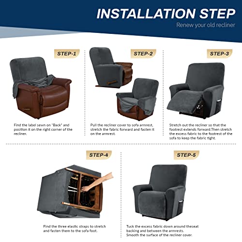 Stretch Recliner Chair Cover with Pockets - Dark Grey Velvet Protector