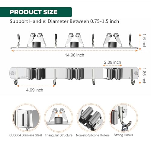 Stainless Steel Mop and Broom Holder Wall Mount with 3 Racks and 4 Hooks