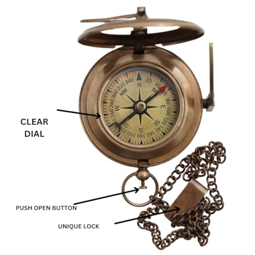 Handcrafted Antique Brass Sundial Compass with Protective Leather Case