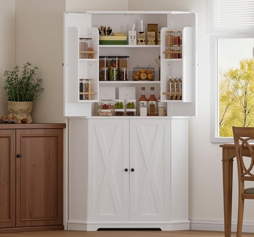 72-inch Farmhouse Corner Pantry Cabinet with Adjustable Shelves, White