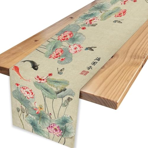 Drapeloft 13" x 90" Ink Painting Japanese Table Runner - Traditional Koi & Butterfly Design