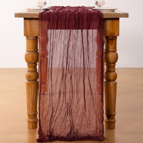 DeZerlor Burgundy Cheesecloth Table Runners 2 Pack - Rustic Boho Party Decor