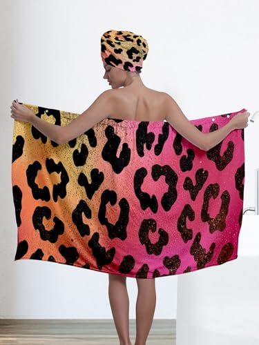 Women's Leopard Print Microfiber Bath Towel Wrap & Hair Turban Set
