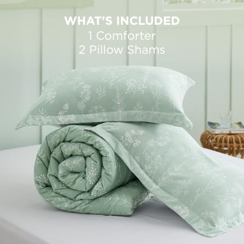 Sage Green Floral Queen Comforter Set - 3-Piece Reversible Bedding